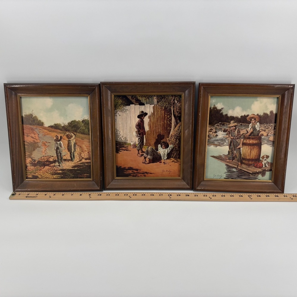 Jim Daly Framed Art Prints Set 3 Hick Finn Tom‎ Sawyer Boys Fishing Raft